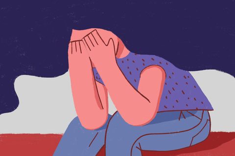 Weinen: Illustration einer Frau in Verzweiflung und Angst. Sitzt und bedeckt ihr Gesicht mit seinen Händen