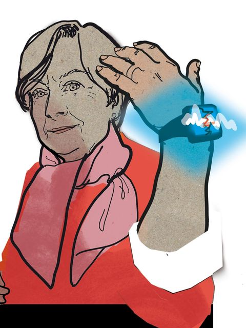 Illustration einer älteren Frau mit einer Smartwatch am Handgelenk
