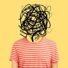 ADHS-Illustration: Person mit wild gekritzeltem Kopf vor gelbem Hintergrund
