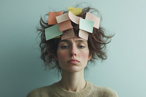 Frau mit Zetteln auf dem Kopf als Symbol für Mental Load