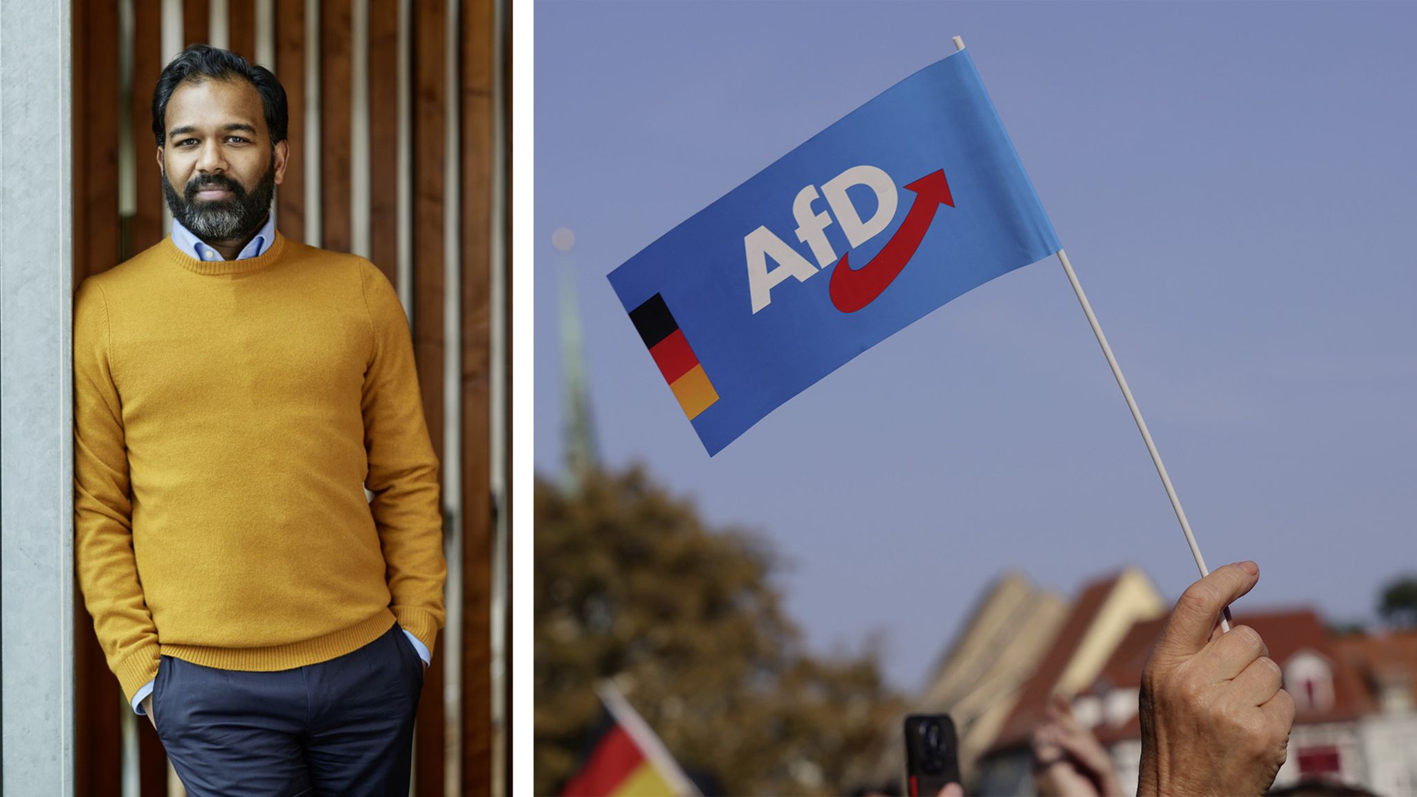 Kolumnist Anpalagan neben einer AfD Flagge