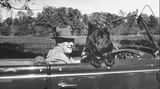 Präsident Franklin D. Roosevelt und ein Hund fahren Auto