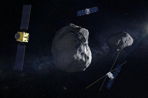 Mission "Hera" mit Raumsonde (l) und begleitenden CubeSats am Doppel-Asteroiden Dimorphos/Didymos