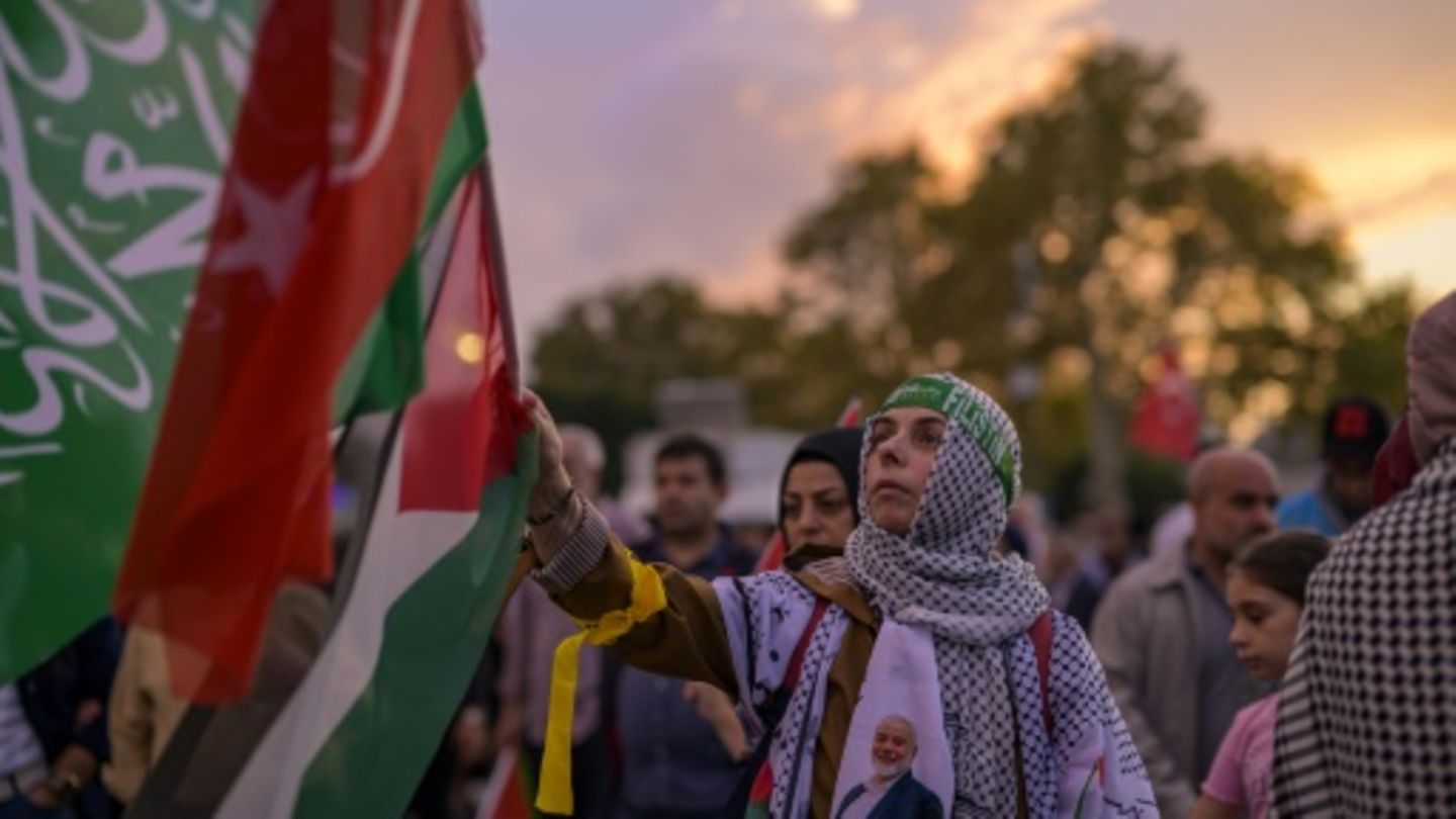 Demonstrantin mit palästinensischer Flagge in Istanbul