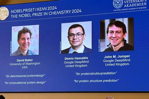 David Baker (l-r), Demis Hassabis, und John M. Jumper teieln sich den Chemie-Nobelpreis