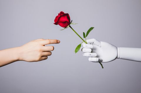 Eine menschliche Hand nimmt eine Rose von einer Roboterhand entgegen