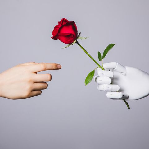 Eine menschliche Hand nimmt eine Rose von einer Roboterhand entgegen