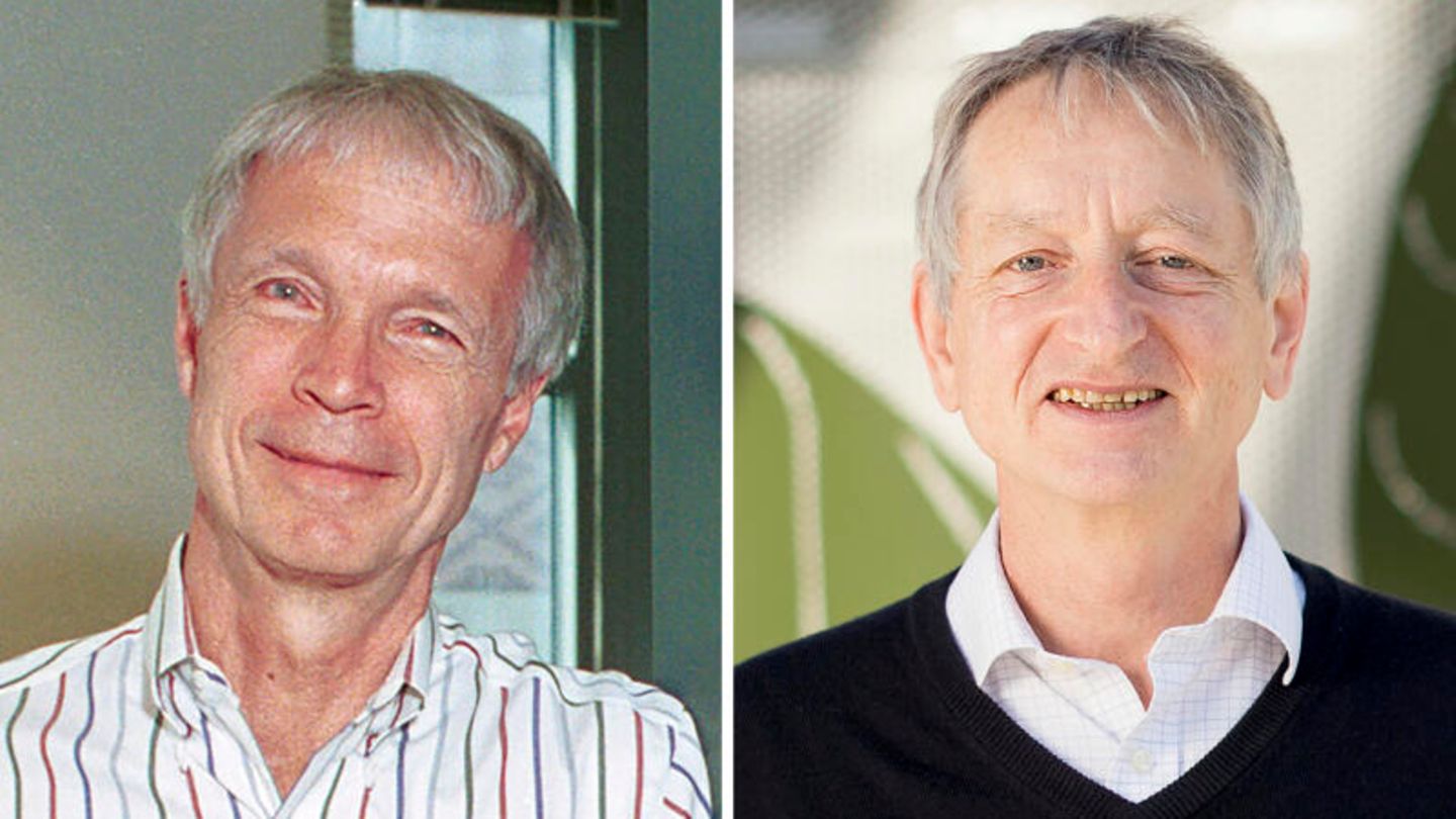 Zwei nebeneinandergeschnittene Porträts von John Hopfield und Geoffrey Hinton