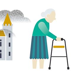 Illustration einer Oma und ihrem Vermögen in Form einer Immobilie