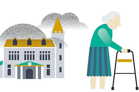Illustration einer Oma und ihrem Vermögen in Form einer Immobilie
