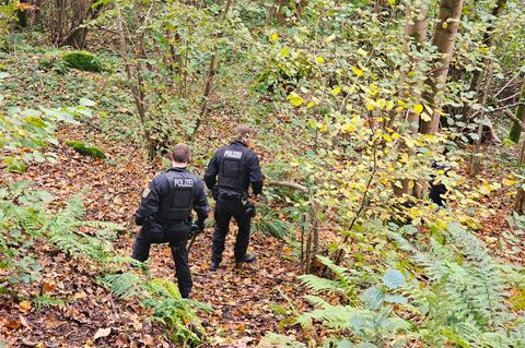 Zwei Polizisten durchstreifen einen Wald im Erzgebirge, in dem ein alter Bergstollen liegt