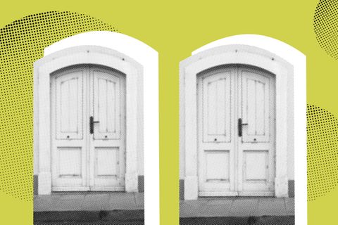 Nachbarschaft: Illustration zeigt zwei Schwarz-Weiß-Türen nebeneinander auf farbigem Hintergrund