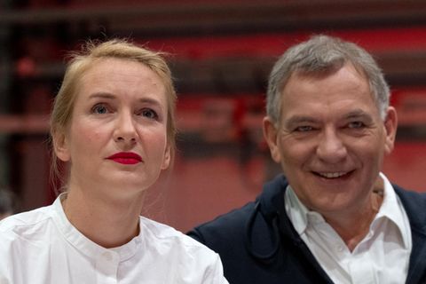 Ines Schwerdtner und Jan van Aken auf dem Linken-Parteitag in Halle (Saale)