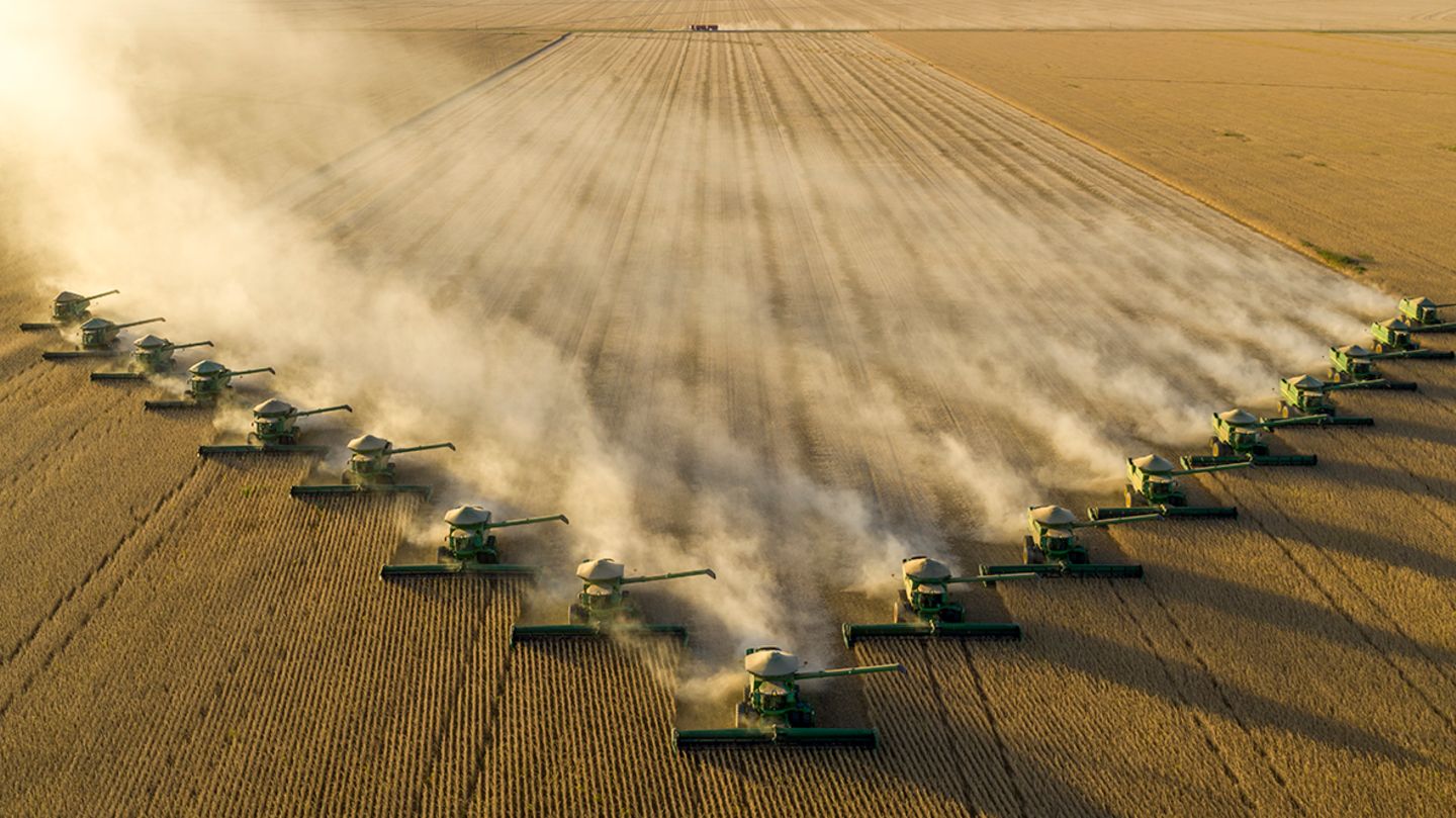 Auf der 254 Quadratkilometer umfassenden Fazenda Piratini im brasilianischen Bundesstaat Bahia erntet eine Phalanx von Mähdreschern die reifen Sojabohnen. Die Sojaproduktion hat sich in Brasilien seit 1985 verneunfacht, denn die wachsende Weltbevölkerung verlangt nach nährstoffreichen Ölsaaten