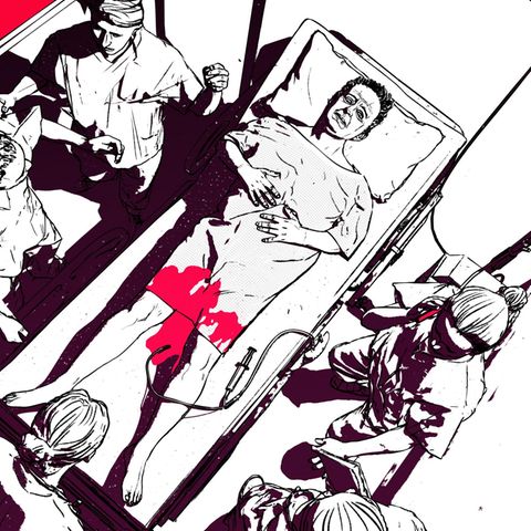 Illustration zeigt einen Mann der im Schritt butend auf einer Op liege liegt von Ärzten umzingelt