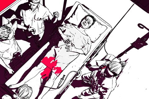 Illustration zeigt einen Mann der im Schritt butend auf einer Op liege liegt von Ärzten umzingelt