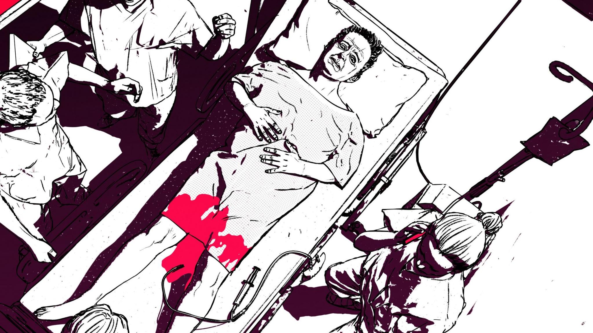 Illustration zeigt einen Mann der im Schritt butend auf einer Op liege liegt von Ärzten umzingelt