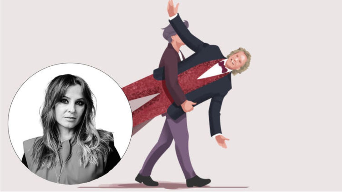 Eine Illustration zeigt eine Frau, die Thomas Gottschalk in einem schillernden Anzug davonträgt