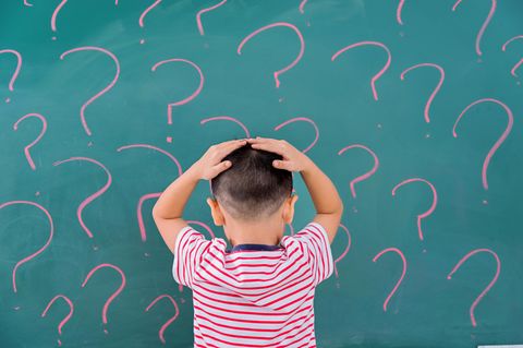 Bebilderung "Mit Kindern über Sex und Sexualität sprechen": Ein Kind steht vor einer Tafel mit vielen Fragezeichen