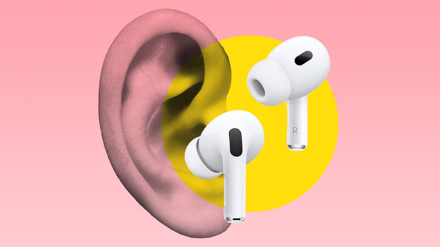 Illustration zeigt ein freigestelltes Ohr und air pods 2 pro Kopfhörer