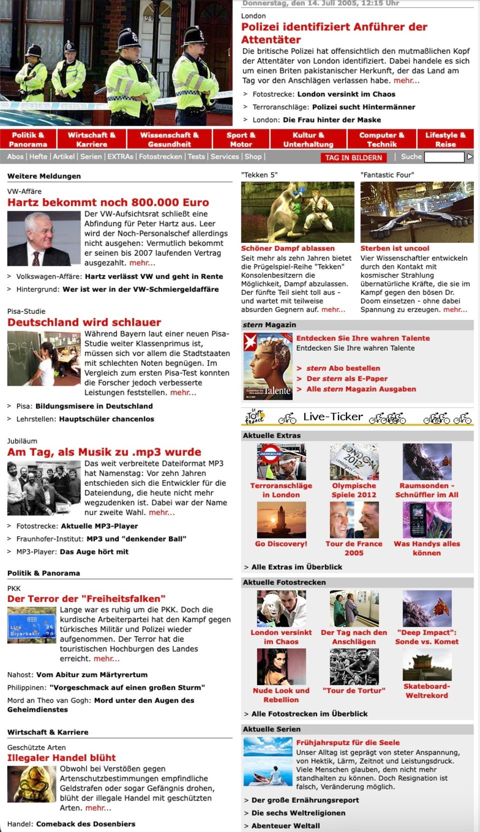 2005 hat der stern seinen Look überarbeitet. Deutlich abgegrenzt: der Aufmacher des Tages