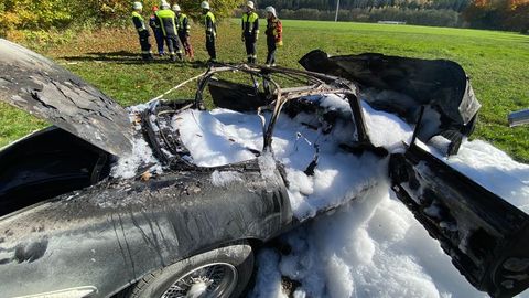 Ein von der Polizei zur Verfügung gestelltes Bild zeigt das ausgebrannte Fahrzeug. Foto: Polizeiinspektion Münchberg/dpa