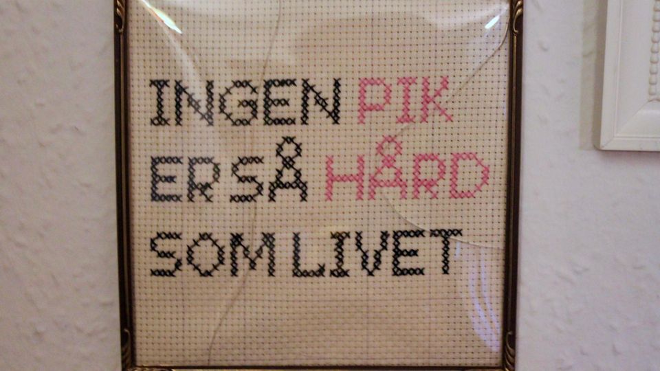 "Kein Schwanz ist so hart wie das Leben" "Kein Schwanz ist so hart wie das Leben" steht auf einer Stickerei