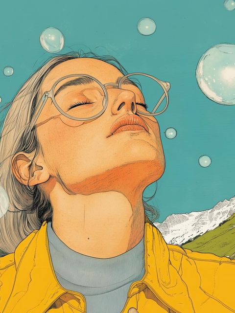 Atmen: KI generiertes Bild einer Frau die in der Natur Luft einatmet