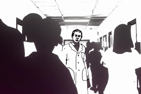 Illustration zeigt eine Ärztin in einem überfüllten Krankenhausflur
