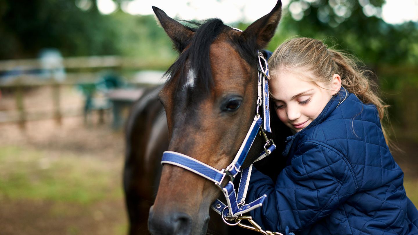 Vaterliebe: Ein Mädchen schmust mit seinem Pferd
