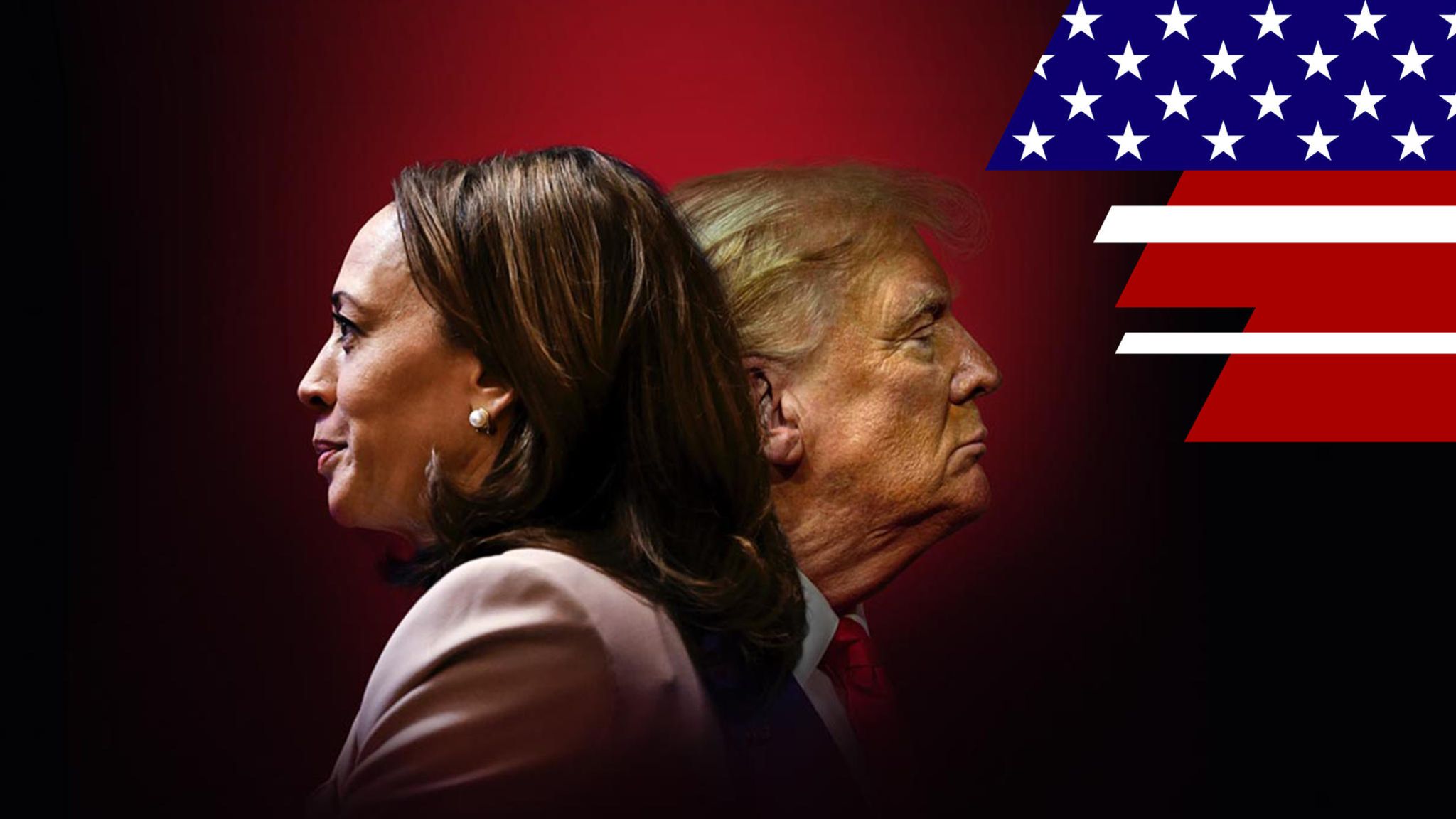 Donald Trump und Kamala Harris auf rotem Untergrund