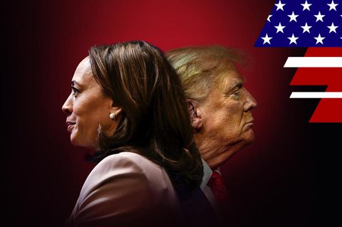 Donald Trump und Kamala Harris auf rotem Untergrund