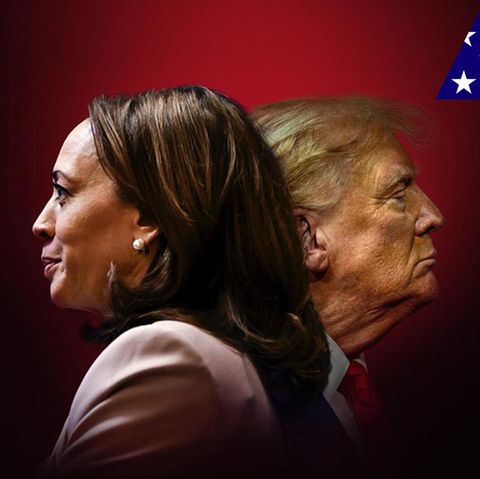 Donald Trump and Kamala Harris on a red background