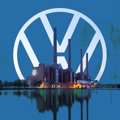 A montage of the VW logo on a blue background and the VW factory in Wolfsburg.