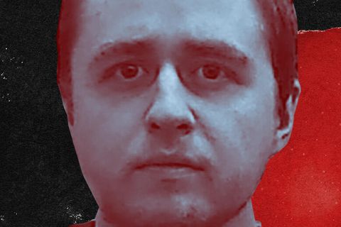 Das Gesicht von Alexander McCartney aus Großbritannien ist groß zu sehen. Der Hintergrund ist schwarz und rot.