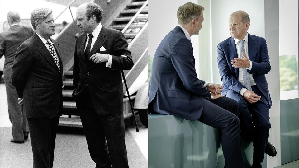 Collage shows Count Lambsdorff and former Chancellor Schmidt as well as Christian Lindner and Olaf Scholz in conversation