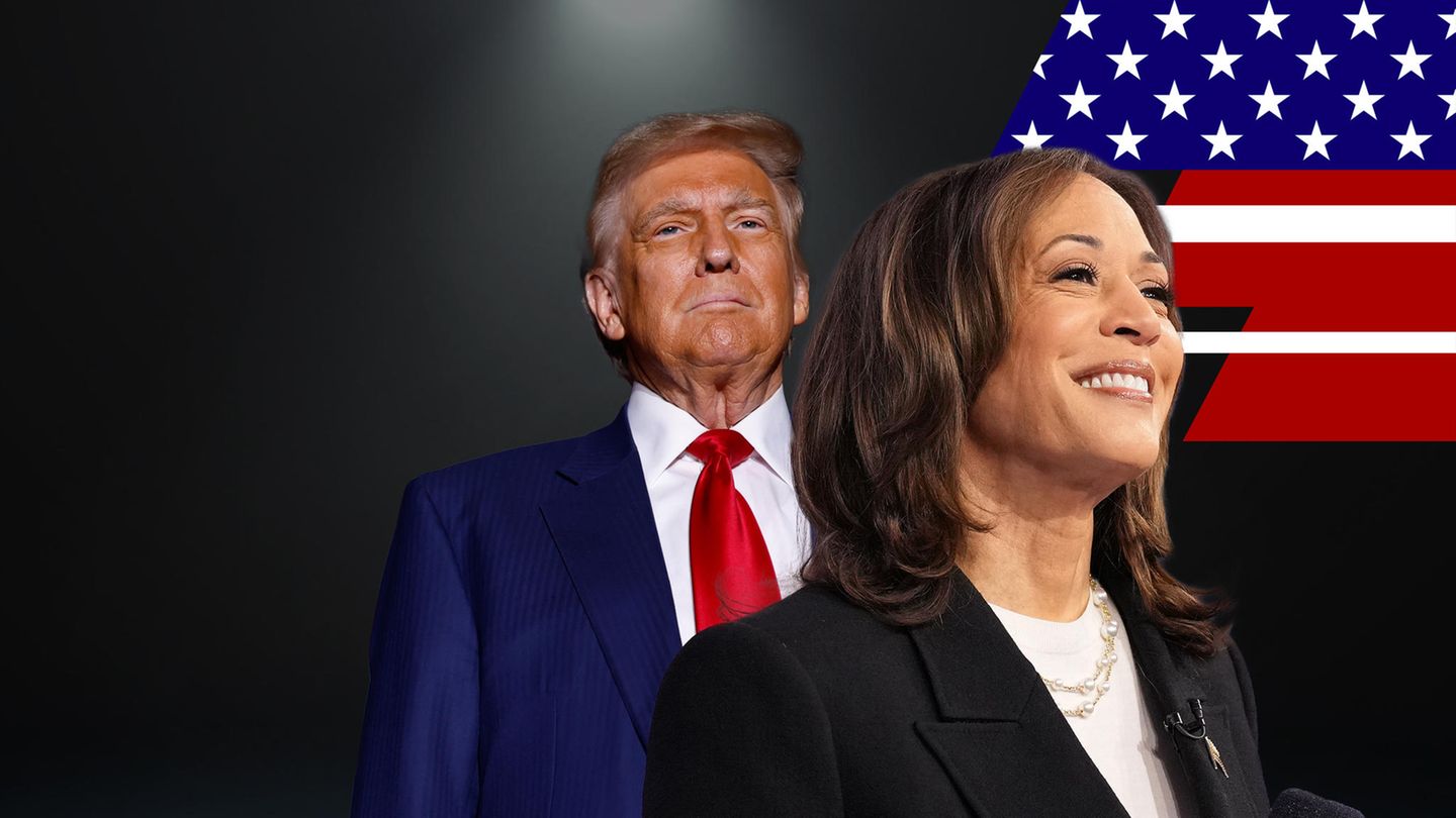 Kamalla Harris und Donald Trump im Scheinwerfer-Licht Kamalla Harris und Donald Trump im Scheinwerfer-Licht