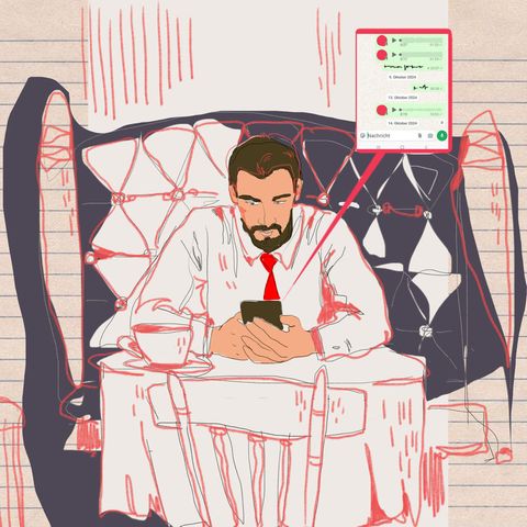 Illustration shows a man online dating in Japan in a cafe