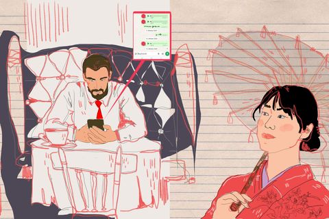Illustration zeigt einen Mann beim Online Dating in Japan in einem Cafe