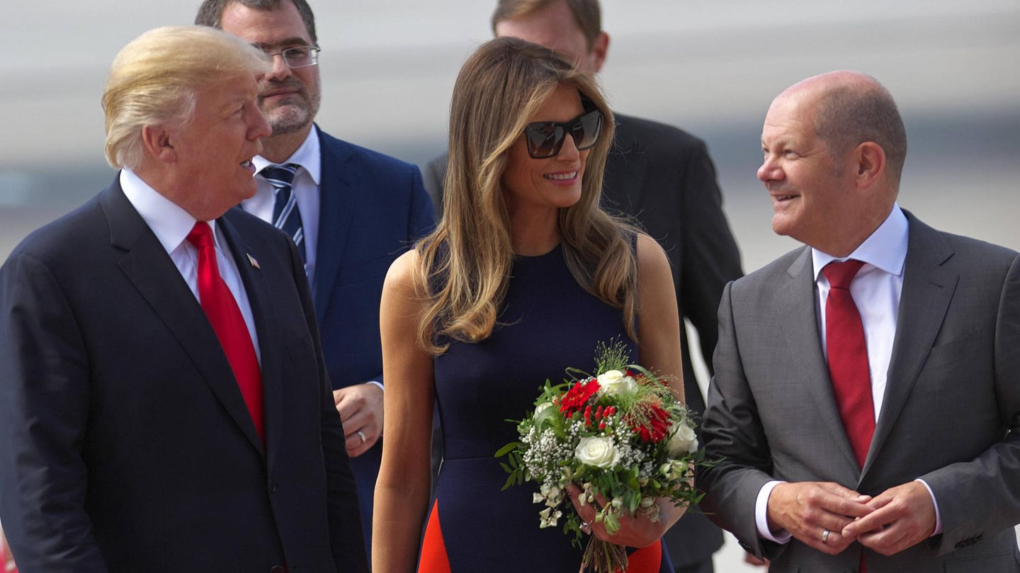 Donald Trump und Melania beim G20-Gipfel 2017 mit Olaf Scholz in Hamburg