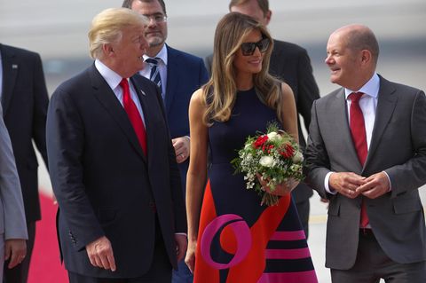 Donald Trump und Melania beim G20-Gipfel 2017 mit Olaf Scholz in Hamburg