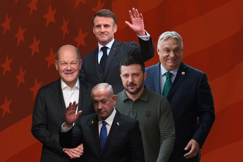Montage aus Macron, Scholz, Orban, Selenskyj, Netanjahu
