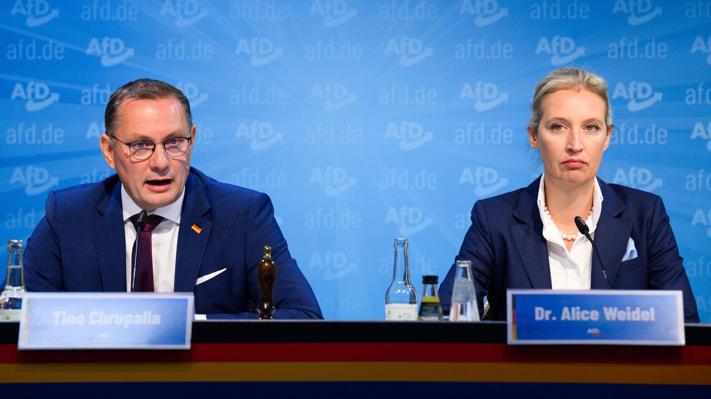 Die AfD-Chefs Alice Weidel und Tino Chrupalla rufen zu einem Krisentelefonat