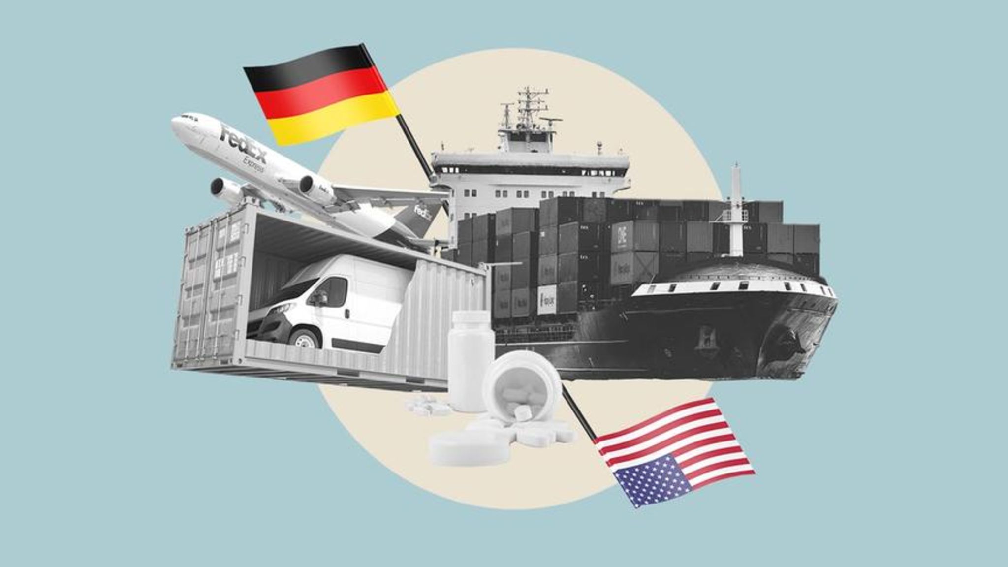 Collage zu Trump-Sieg und Wirtschaft zeigt Deutschland und eine Amerika-Flagge sowie verschiedene Exportmittel und Produkte Collage zu Trump-Sieg und Wirtschaft zeigt Deutschland und eine Amerika-Flagge sowie verschiedene Exportmittel und Produkte