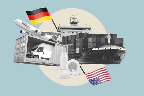 Collage zu Trump-Sieg und Wirtschaft zeigt Deutschland und eine Amerika-Flagge sowie verschiedene Exportmittel und Produkte