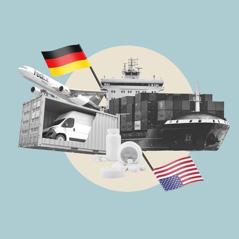 Collage zu Trump-Sieg und Wirtschaft zeigt Deutschland und eine Amerika-Flagge sowie verschiedene Exportmittel und Produkte