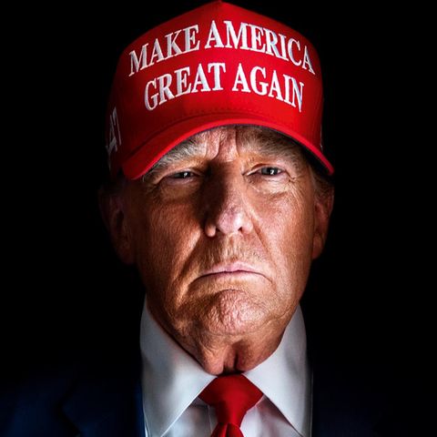 Trump surrounded by black, with a "make America Great Again" hat