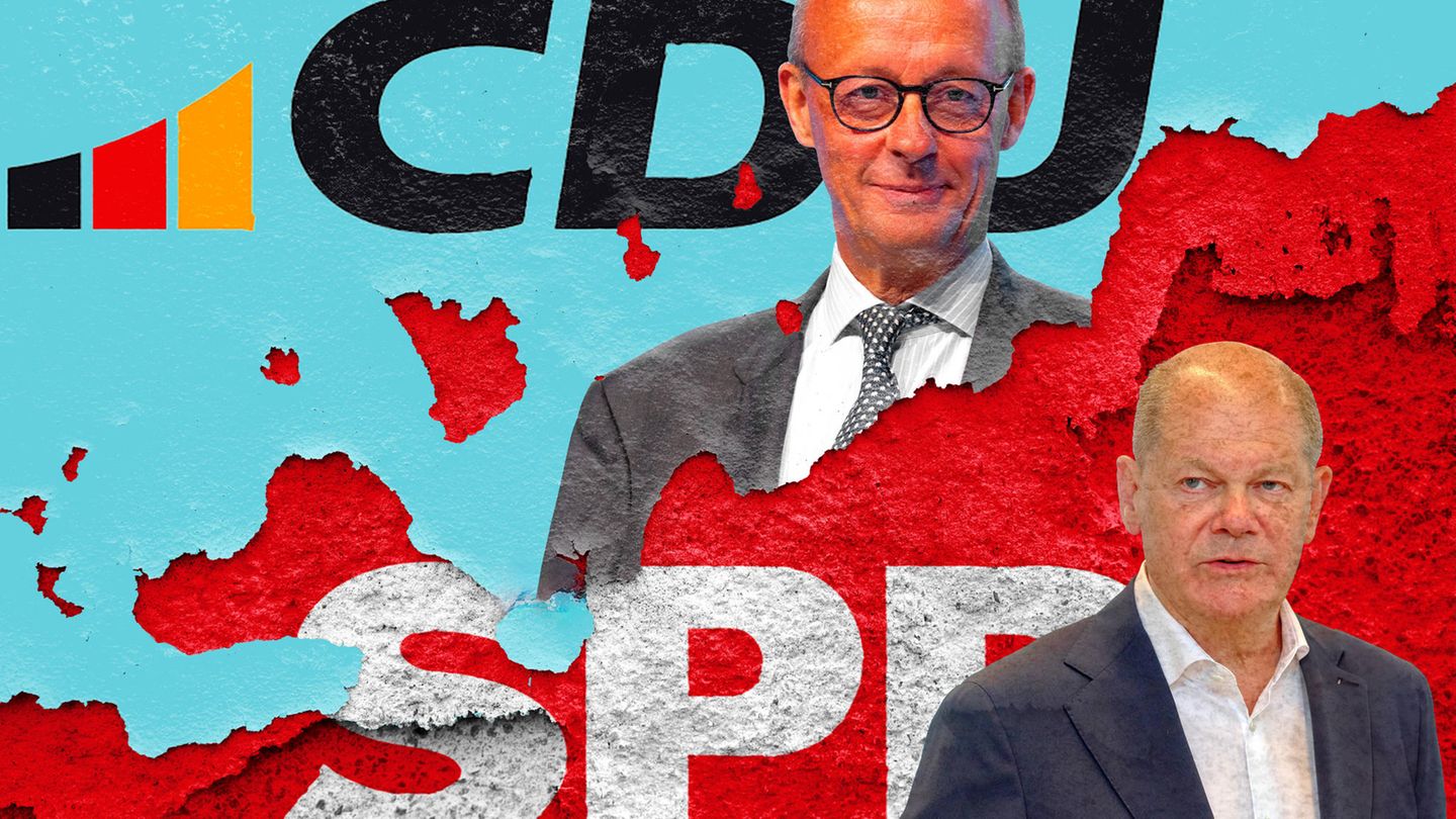 Die Köpfe von Friedrich Merz (CDU) und Olaf Scholz (SPD) vor den Parteilogos