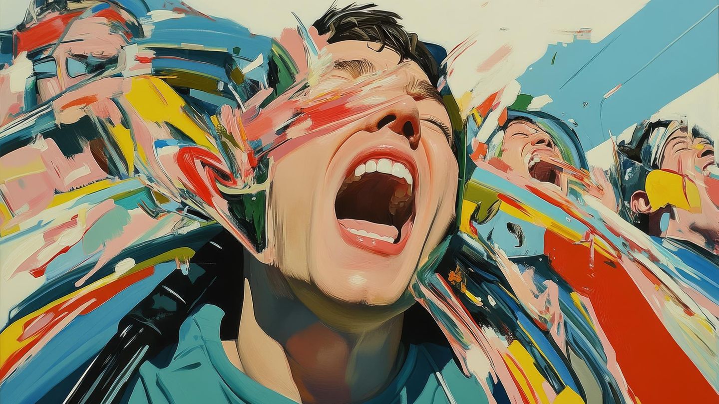 Illustration einer Achterbahnfahrt, die Borderline-Störung wird durch verzerrte Farben ausgedrückt