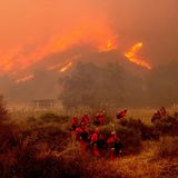 Eine Gruppe Feuerwehrmänner nähert sich dem "Mountain Fire"